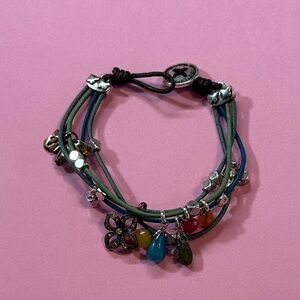Fossil multistrand Flower Charm Bracelet - Green & Blue Leather Cord